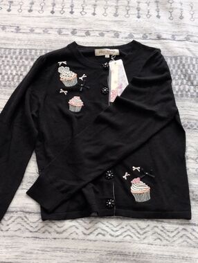 Black Cupcake Embroidered Cardigan - Girls Elegant Knit Top